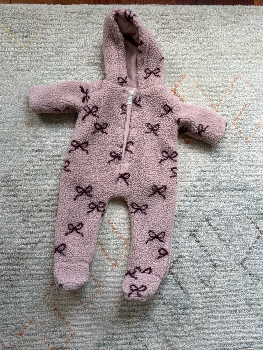 Rylee + Cru Pink Sherpa Hooded Footed One-Piece with Bow Print